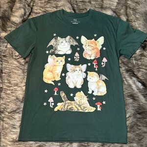 NWT IML Kitty Fairy Garden Cat Graphic Tee Green Short Sleeve Medium